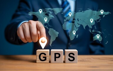Digital Global Logistics Strategy Hand Pointing to GPS Map Marker with 3D Data Cubes