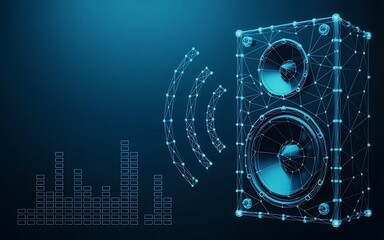 Abstract music background featuring futuristic digital speakers and a hi-tech blue interface design with circular patterns and network data for a modern techno wallpaper