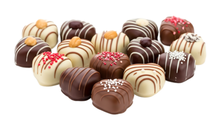 Heart-shaped pile of diverse artisan chocolate pralines and truffles, isolated subject and cut-out for gift and holiday marketing.