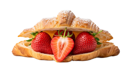 Freshly baked croissant filled with juicy red strawberries and dusted with powdered sugar, clean cut-out with transparency