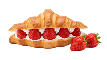 Gourmet croissant filled with decadent whipped cream and fresh whole strawberries, PNG with alpha channel for easy design