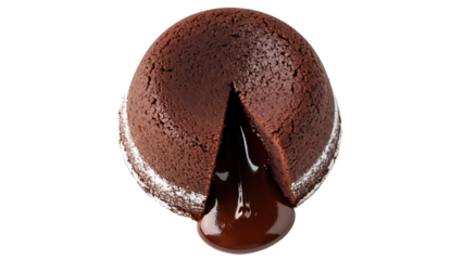 Rich molten chocolate lava cake with a warm liquid center top-down view, isolated subject on transparent background