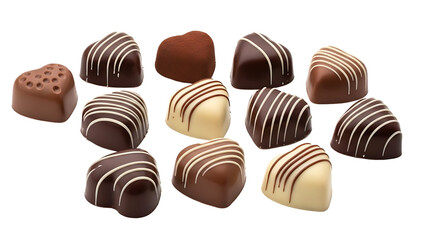 Assorted luxury heart-shaped chocolate truffles with milk and white chocolate drizzle, professional cut-out with alpha transparency
