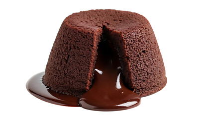Decadent warm chocolate fondant lava cake with oozing molten core, background removal for versatile commercial use