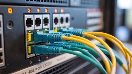 Professional Network Server Rack with Blue Ethernet Cables and Glowing LED Status Lights for Information Technology and Data Center Infrastructure