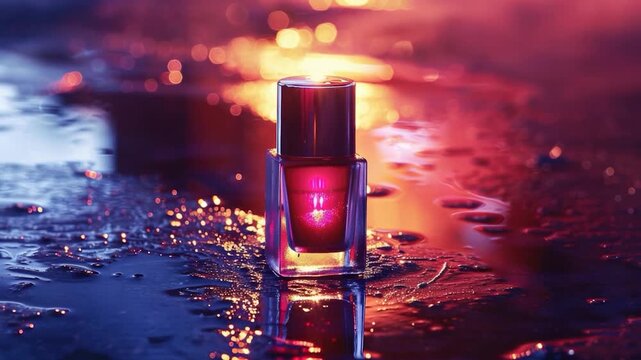 Video A clear bottle of nail polish sits on a wet surface, great for beauty or chemical use ry