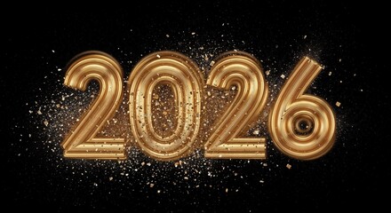 A kinetic, abstract painting come to life swirling brushstrokes of metallic goldiridescent blue form the numerals 2026 as confetti-made-of-light explodes in slow motion, each particle reflecting a m