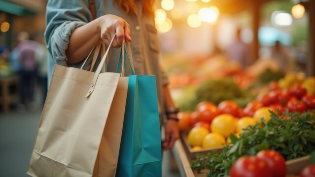 Person carrying colorful reusable shopping bags with fresh green herbs in bright grocery store aisle with blurred background. concept of sustainability, eco shopping, zero waste