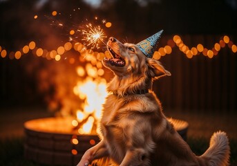 Golden retriever wearing a sequined 2026 party hat jumps to catch a glowing sparkler in its teeth at a backyard bonfire celebration, warm bokeh-heavy DSLR photohand-painted oil texturestop-motion ani