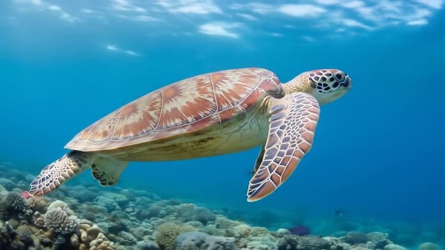 Sea Turtle Swimming Underwater Coral Reef Ocean Wildlife.