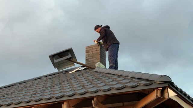 A master stove setter installs a cap on the stove pipe. Heating stove construction.