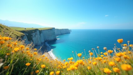 Vibrant pink tulips and wildflowers blooming on coastal cliff overlooking turquoise ocean and sunny sky. concept of spring nature, travel destination, floral beauty.