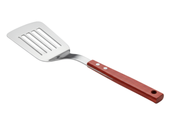 A premium stainless steel slotted spatula with a polished reddish hardwood handle isolated on a transparent background. Concept for professional gastronomy