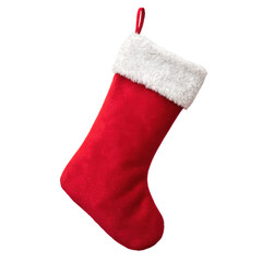 Plush, vibrant red velvet Christmas stocking with a fluffy white faux fur cuff, hanging diagonally with a looped ribbon for attachment, presented under soft,, isolated on transparent background.