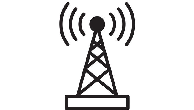 Simple black communication tower icon with radiating waves on transparent background silhouette