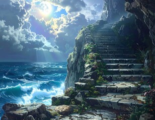 Stone steps leading to a cliff overlooking a stormy sea