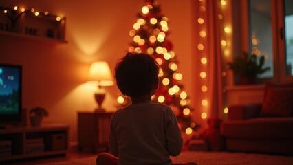Obraz premium Child sitting on floor gazing at illuminated christmas tree in cozy warm living room with bokeh lights. concept of holiday magic, family christmas, childhood wonder.