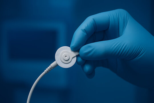 Medical technician hand in blue glove holding a white electrode sensor for heart rate or ekg monitoring