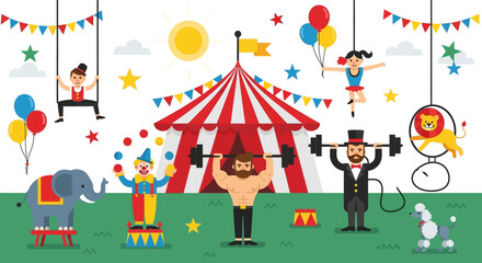 Fototapeta premium Vibrant circus scene with performers and animals in a fun setting
