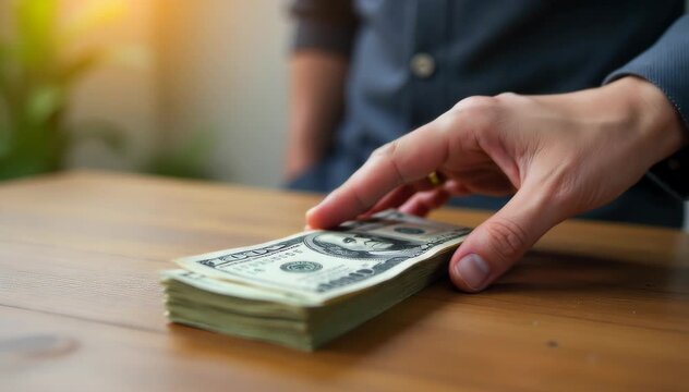 Hand placing a stack of dollar bills on wooden table 