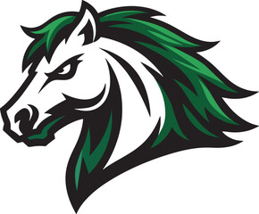 A green and black horse head logo on isolated with a fierce expression