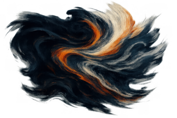 Swirling black, orange, and white fluid art background texture with organic paint flow and brush strokes, transparent