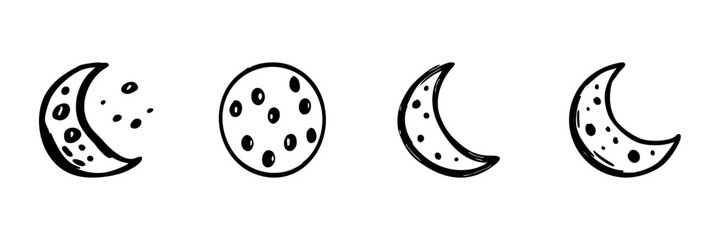 Fototapeta premium Moon Phases And Craters In Hand Drawn Style Set. Lunar Cycle, Astronomy, Celestial Bodies Doodle Sketch Collection. Space Exploration Theme. Isolated Vector Illustration