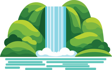 A serene cartoon illustration of a waterfall surrounded by lush green mountains and foliage on a