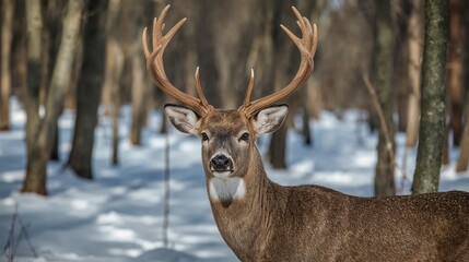 Fototapeta premium Male Deer With Antlers Standing Proudly In Frozen Winter Forest With Natural Light