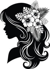 Woman silhouette profile with tropical hibiscus flowers and leaves