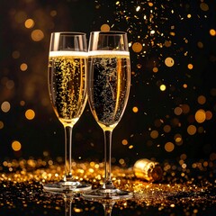 two glasses of champagne and fireworks