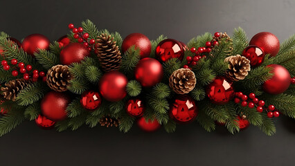 Christmas Garland with Pine Branches and Red Ornaments on Dark Background