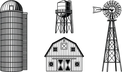 Set of rural farm buildings, black vector illustration of silo, barn, windmill and water tower, agricultural structure collection isolated on white background © Ashraful