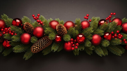 Christmas Garland with Pine Branches and Red Ornaments on Dark Background