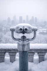 Frozen binocular viewer overlooking snowy winter cityscape