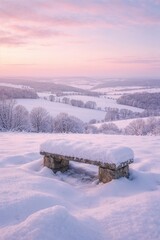 Stone bench covered in snow overlooking winter sunrise valley