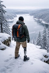 Man with prosthetic leg hiking in snowy forest overlooking river