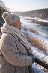 Senior woman smiling peacefully by snowy river in winter landscape