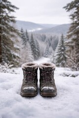 Pair of winter boots standing in snowy forest during snowfall