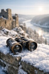Vintage binoculars on snowy stone wall overlooking winter valley