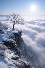 Lone tree on snowy mountain cliff above clouds at sunrise