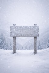 Blank wooden sign in snowy forest during heavy winter snowfall