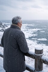 Senior man looking at frozen sea from snowy winter coastline