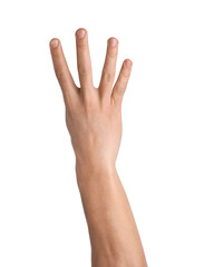 Man showing four fingers on white background, closeup