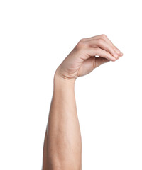 Man holding something on white background, closeup