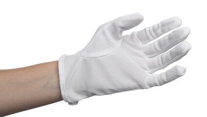 Woman in cloth glove on white background, closeup