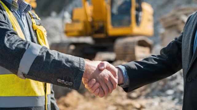 Deal at the Construction Site: Two professionals seal a deal with a firm handshake at an active construction site, symbolizing collaboration and progress.