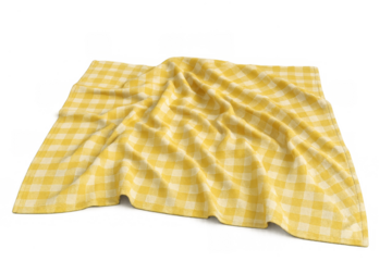 Yellow and white gingham checkered picnic blanket or tablecloth with rumpled fabric texture on transparent background