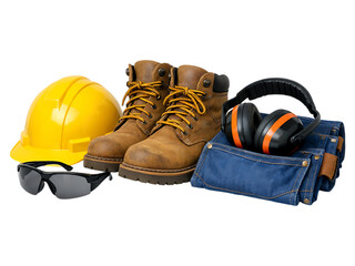 Construction worker safety gear tools hard hat boots construction, safety gear, hard hat, boots, earmuffs, sunglasses, tool belt, yellow helmet, brown boots, black earmuffs, blue jeans, protective equ