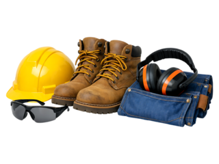 Construction worker safety gear tools hard hat boots construction, safety gear, hard hat, boots, earmuffs, sunglasses, tool belt, yellow helmet, brown boots, black earmuffs, blue jeans, protective equ